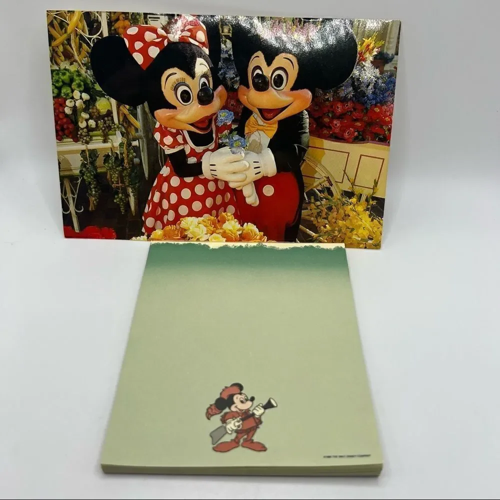 Vintage 1986 Disney Mickey Mouse Davy Crockett Notepad & Flower Market Postcard